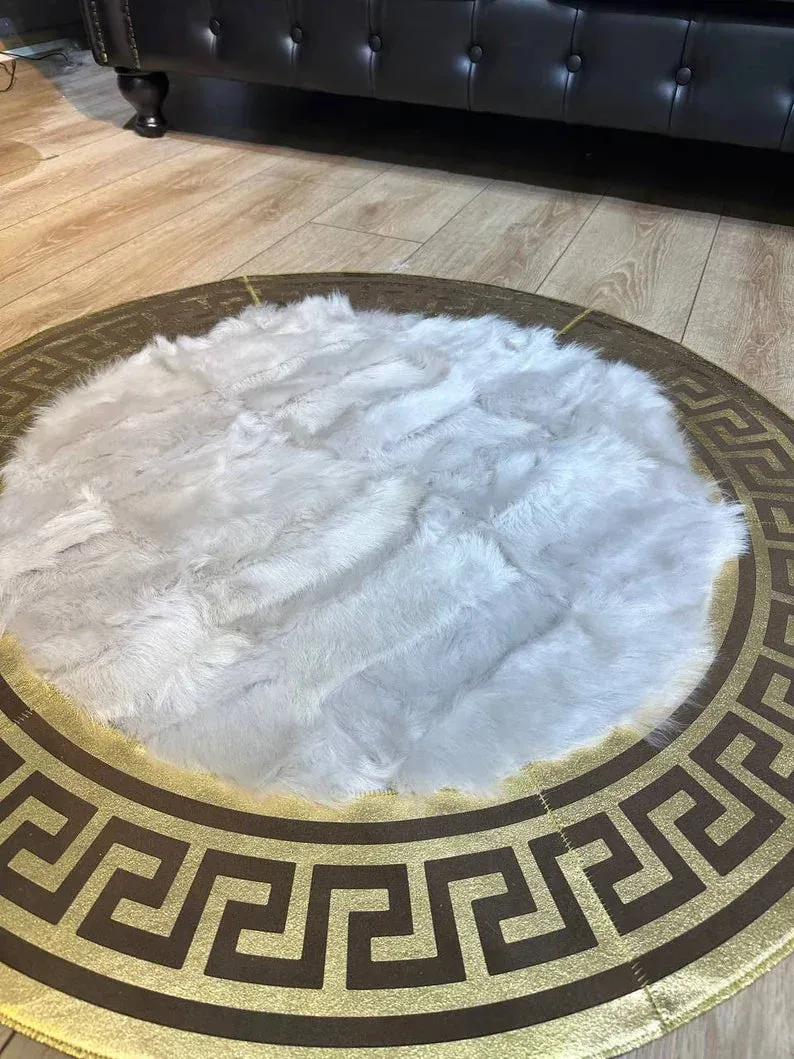 White Gold Fluffy Natural Sheepskin Round Rug, Farmhouse Home Lamb Fur Rug