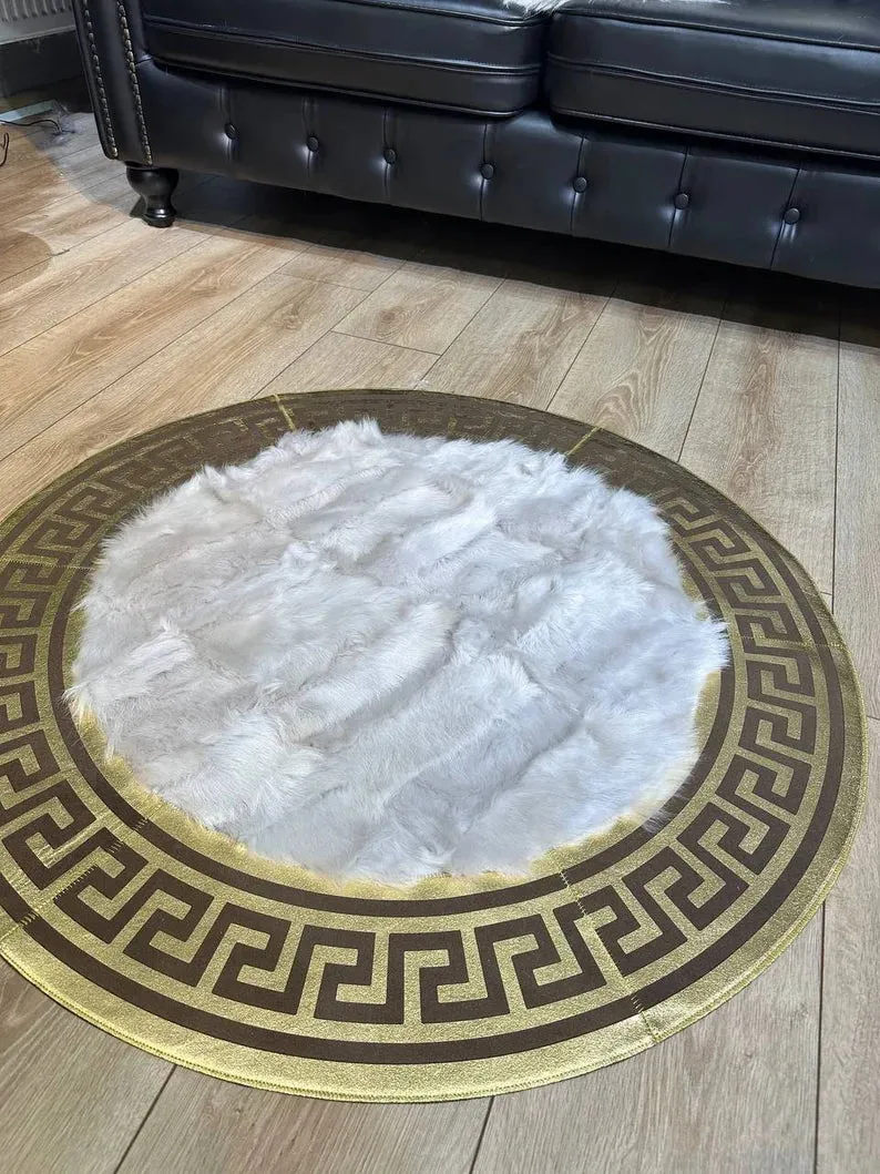 White Gold Fluffy Natural Sheepskin Round Rug, Farmhouse Home Lamb Fur Rug