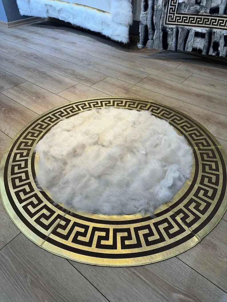 White Gold Fluffy Natural Sheepskin Round Rug, Farmhouse Home Lamb Fur Rug